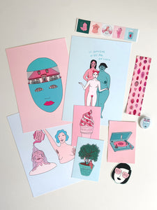 Kit promo 3 prints A4 + cartes postales, stickers, badge