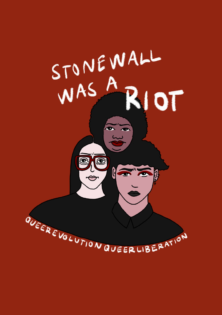 Stonewall was a riot - Impression A4 - Dessin de trois têtes collées en triangle, sur fond rouge.