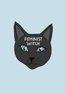 Feminist witch - Impression A4 - Tête de chat noir sur fond bleu