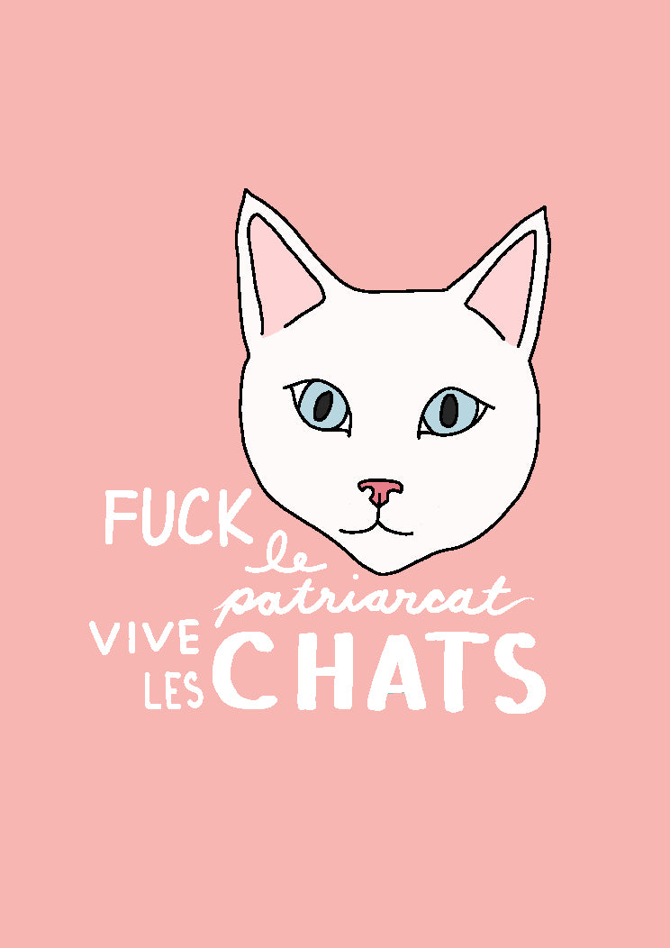 Fuck tes catcalls - Impression A4 - Dessin d'un chat blanc sur fond rose.
