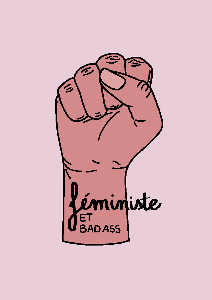 Feminist et badass - Impression A4 - Dessin d'un poing levé dans les teintes rosées.