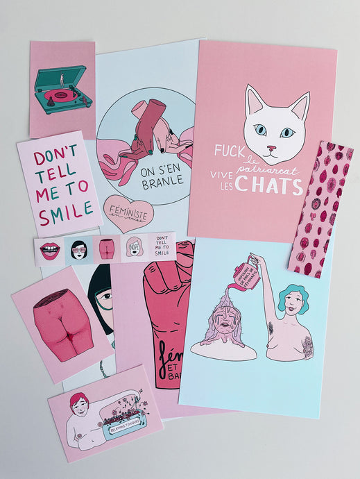 Kit promo #2 Féminisme : 5 prints A4, cartes postales, stickers et signet