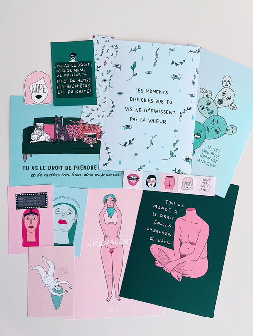 Kit promo #1 Santé mentale : 5 prints A4, cartes postales, stickers et signet