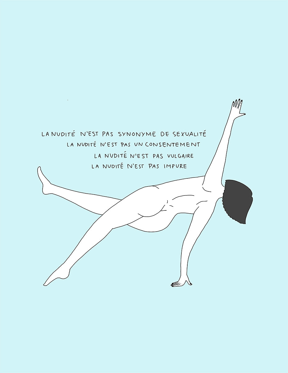La nudité n'est pas un consentement - Impression A4 - Dessin d'un corps nu en position acrobatique sur fond bleu.