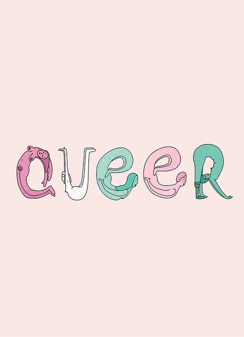 Queer - Impression A4 - 5 corps variés des couleurs du drapeau Non binaire forment le mot Queer (rose clair, rose violet et bleu-vert clair)